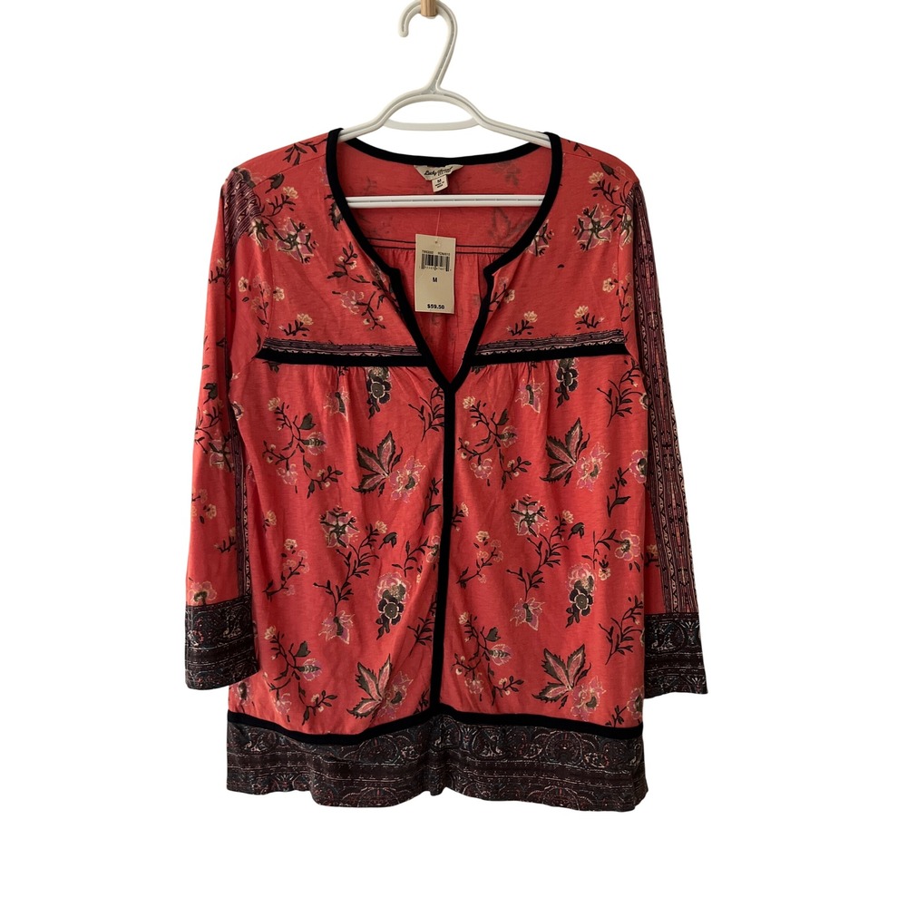 Lucky Brand Women Coral Red Floral Paisley Split Neck Top 7W63002 Size M NEW